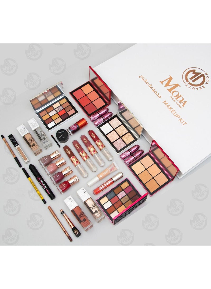 MODAO The new Royal Moda Beauty 32-piece box is a complete and luxurious makeup set that brings together the essentials for face, eyes, and lips in one neat and elegant box. It includes eyeshadow palettes, contour, highlighter, and blush in shades to suit every occasion. - Image 3